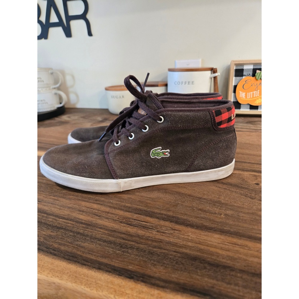 Lacoste Ampthill FLD Brown Suede Mid Top Sneakers Plaid Heel 9.5